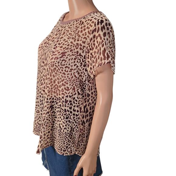 Kori America Size S Beige Velvet Burnout Leopard Print Top Semi Sheer Oversized - Picture 2 of 7